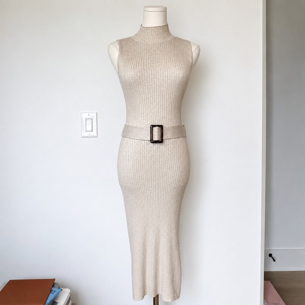 HIPPIE ROSE Beige Ribbed Mock Neck Belted Midi Dress S